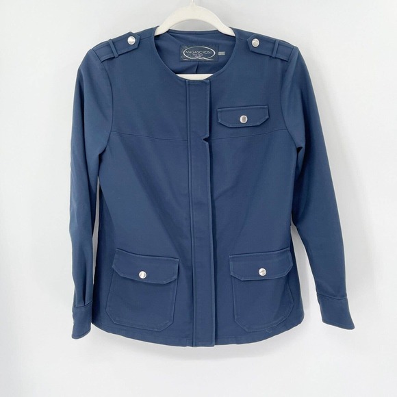 Magaschoni Blazer Jacket Sz 4 Navy Blue Zip Up Crewneck Lined Pockets Long Sleev - Picture 1 of 9